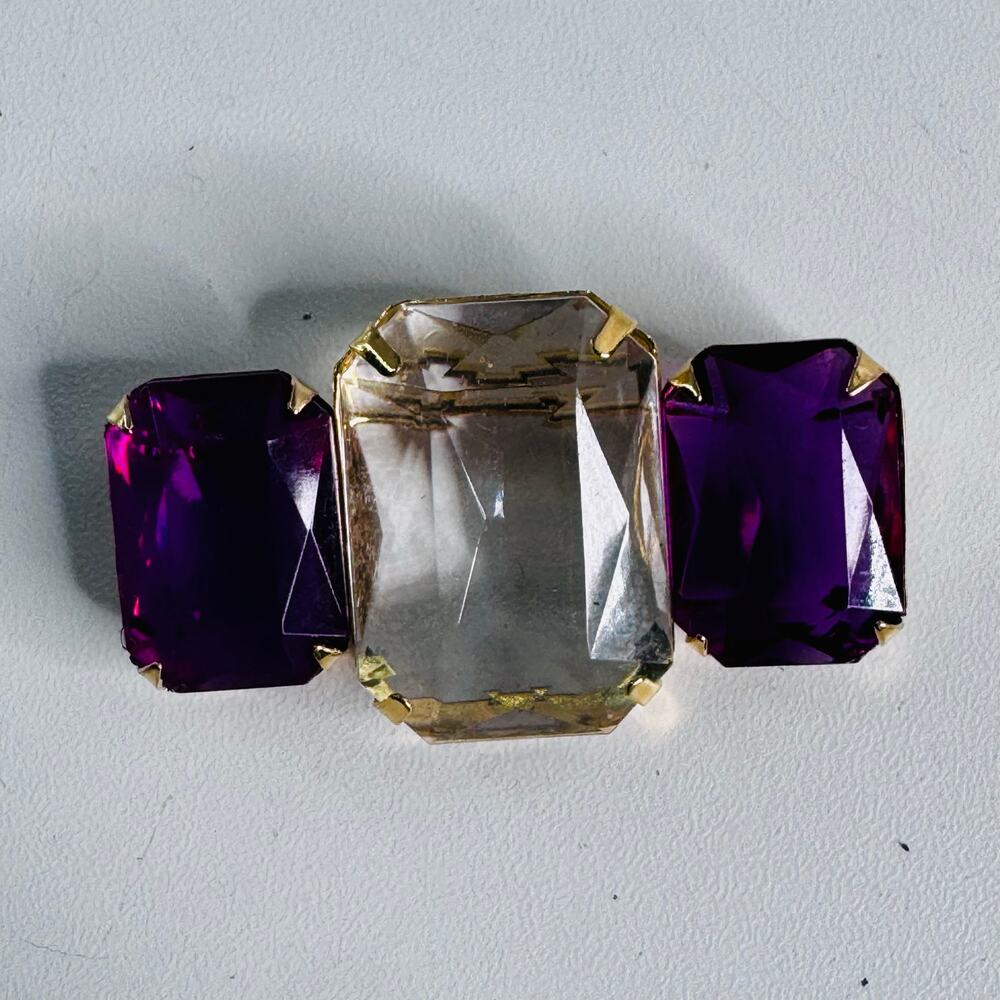 Vintage Avon Purple & Clear Lucite Rhinestone Gold-Tone Brooch Pin 2" Statement